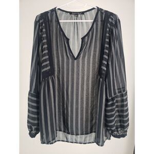 Sweet Rain Blouse Womens Large 3/4 Sleeve Black Triple Stripe Sheer Print V-Neck